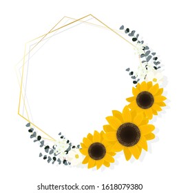 flat style sunflower eucalyptus with golden frame wreath on white background