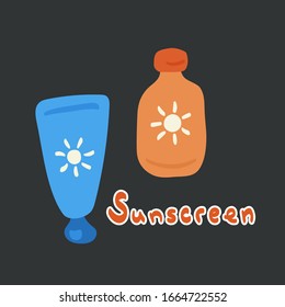 Flat style sunscreen cream bottles with hand written lettering isolated on dark background. Sun protection for healthy bright skin vector illustration template. Solar Uva/Uvb blocking cosmetic product
