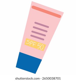 Tubo de protección solar de estilo plano con etiqueta SPF 50, ideal para ilustraciones de verano, playa o viajes. Representa la protección solar y el cuidado de la piel esenciales.