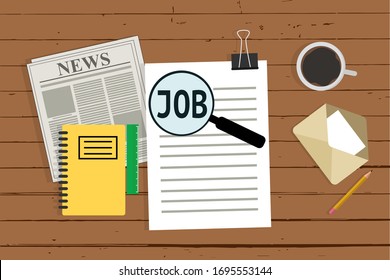 Flat style of table with newspapers and magnifying glass in search of job 