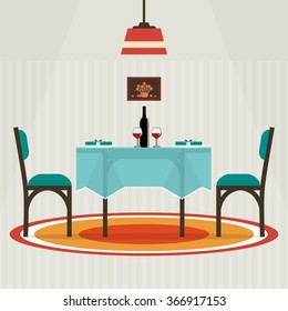 Flat style table for two with cloth, glasses, bottle of wine. Vector illustration .