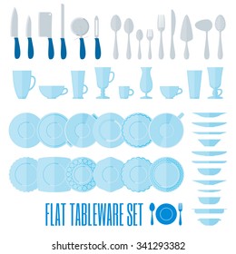 Flat style tableware big icon set on white. Collection of simple geometric illustration of plates, cups and glasses, forks, spoons and knifes. Top and side view. For cafe and restaurant menu, design.