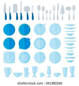 Flat style tableware big icon set isolated on white. Collection of simple illustration of plates, cups and glasses, forks, spoons and knifes. Top, side view. For cafe and restaurant menu, design.