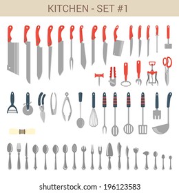 Flat style tableware cutlery vector icon set. Knifes, accessory, spoons, cutters, ladle, forceps, masher and misc kitchenware.  Bar cafe restaurant collection.