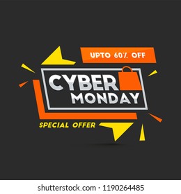 Flat style tag or label with 60% discount offer, black template or flyer design for Cyber Monday sale.