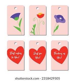 Etiqueta de estilo plano con flores, corazón para imprimir.