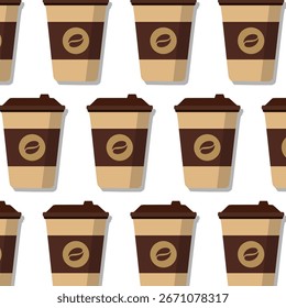 Flat style takeaway coffee cup seamless background. Minimalist vector illustration of a disposable coffee cup with lid and brown sleeve on white background