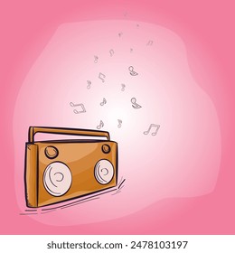 Flat Style Tape Recorder with Music Notes on Pink Background and Copy Space.