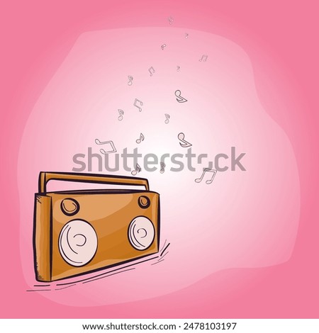Flat Style Tape Recorder with Music Notes on Pink Background and Copy Space.
