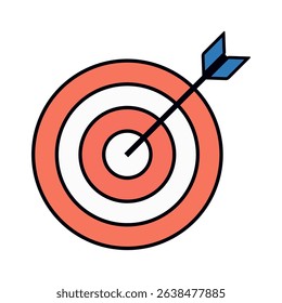 Flat style target icon with blue arrow hitting bullseye for goal achievement and marketing strategy concept