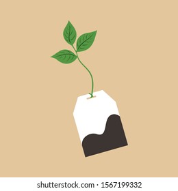 Flat style tea bag icon with green leaf