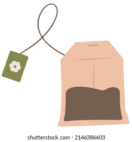 Flat style tea bag icon with green leaf on a label. Vector graphics.
