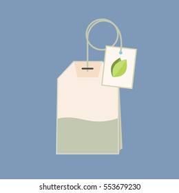 Flat style tea bag icon  with green leaf on a label. Vector graphics.