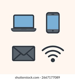 Flat style technology icon set including laptop, smartphone, email, and wifi symbol. Perfect for web design, app UI, infographic, digital marketing, and business presentation.