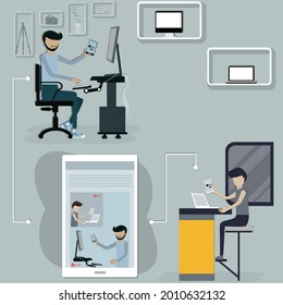 Flat style of technology,The technician consulting for fix the trouble in computer via social platfrom,business adaptation concept - vector Illustration