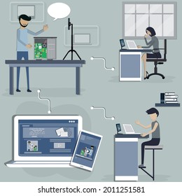 Flat style of technology,The technician teaching for solve and maintenance computer on online course,business adaptation concept - vector Illustration