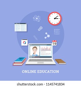 Flat style template design for online webinar, online education, distant education technology concept. Usable for web banner, wed sites, printed materials, infographics