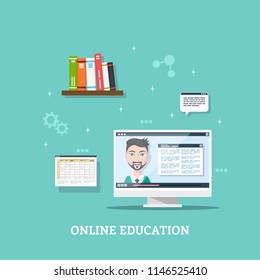 Flat style template design for online webinar, online education, distant education technology concept. Usable for web banner, wed sites, printed materials, infographics