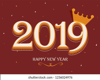 Texto de estilo plano 2019 sobre fondo marrón abstracto para el diseño de tarjetas de felicitación de Año Nuevo Feliz.