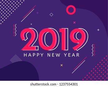 Flat style text 2019 on purple background with abstract elements for Happy New Year greeting card or poster design.