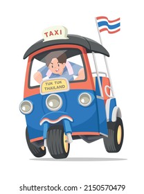 Flat style Thai tuk-tuk taxi driver cartoon illustration