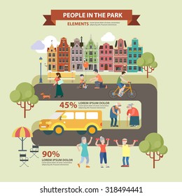 Flat style thematic people in park infographics concept. Park alley road in city and bicycle parenting dog walking sports fresh air activity oldies lounge. Conceptual web site infographic collection.