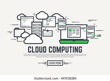 Flat Style, Thick And Thin Line Design Concept. Set Of Application Window, Servers, Laptop And Clouds. Cloud Computing Technology Banner.