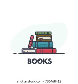 Flat style, thick and thin line design concept art. Pile of books and magazines. Color books, education and knowledge concept. Modern line vector. Reading and learning.