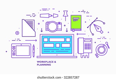 Flat Style, Thin Line Art Design. Set of application development, web site coding, information and mobile technologies vector icons and elements. Modern concept vectors collection.