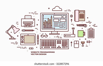 Flat Style, Thin Line Art Design. Set of application development, web site coding, information and mobile technologies vector icons and elements. Modern concept vectors collection.