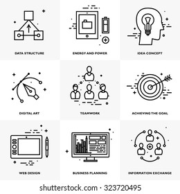 Flat Style, Thin Line Art Design. Set of application development, teamwork, web site coding, data, idea concept, information and mobile technologies vector icons and elements Modern vectors collection