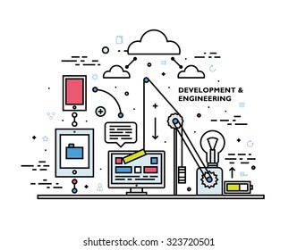 Flat Style, Thin Line Art Design. Set of application development, teamwork, web site coding, data, idea concept, information and mobile technologies vector icons and elements Modern vectors collection