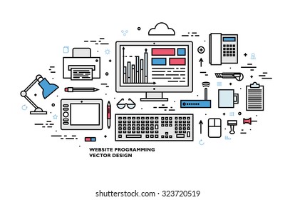 Flat Style, Thin Line Art Design. Set of application development, teamwork, web site coding, data, idea concept, information and mobile technologies vector icons and elements Modern vectors collection