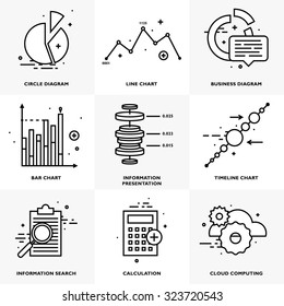 Flat Style, Thin Line Art Design. Set of application development, teamwork, web site coding, data, idea concept, information and mobile technologies vector icons and elements Modern vectors collection