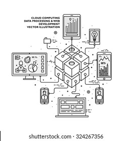 Flat Style, Thin Line Art Design. Set of application development, web site coding, information and mobile technologies, social network vector icons and elements. Modern concept vectors collection.