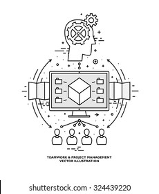 Flat Style, Thin Line Art Design. Set of application development, web site coding, information and mobile technologies, social network vector icons and elements. Modern concept vectors collection.