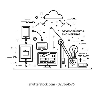 Flat Style, Thin Line Art Design. Set of application development, web site coding, information and mobile technologies vector icons and elements. Modern concept vectors collection. Black and white.