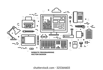 Flat Style, Thin Line Art Design. Set of application development, web site coding, information and mobile technologies vector icons and elements. Modern concept vectors collection. Black and white.