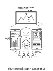Flat Style, Thin Line Art Design. Set of application development, web site coding, information and mobile technologies vector icons and elements. Modern concept vectors collection. Black and white.