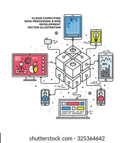 Flat Style, Thin Line Art Design. Set of application development, web site coding, information and mobile technologies vector icons and elements. Modern concept vectors collection.