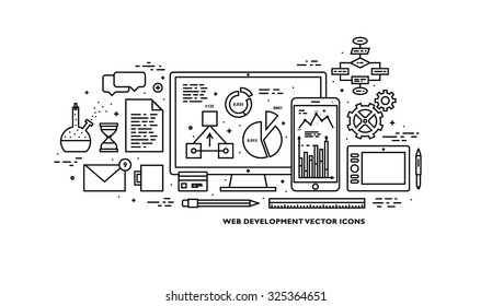 Flat Style, Thin Line Art Design. Set of application development, web site coding, information and mobile technologies vector icons and elements. Modern concept vectors collection. Black and white.