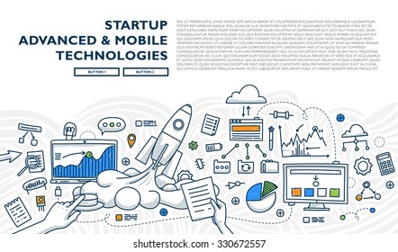 Flat Style, Thin Line Art Design. Set of application development, web site coding, information and mobile technologies vector icons and elements. Modern concept vectors collection