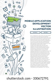 Flat Style, Thin Line Art Design. Set of application development, web site coding, information and mobile technologies vector icons and elements. Modern concept vectors collection