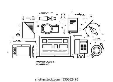Flat Style, Thin Line Art Design. Set of application development, web site coding, information and mobile technologies vector icons and elements. Modern concept vectors collection