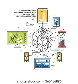 Flat Style, Thin Line Art Design. Set of application development, web site coding, information and mobile technologies vector icons and elements. Modern concept vectors collection