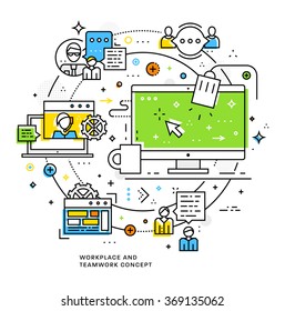 Flat Style, Thin Line Art Design. Set of application development, web site coding, information and mobile technologies vector icons and elements. Modern concept vectors collection