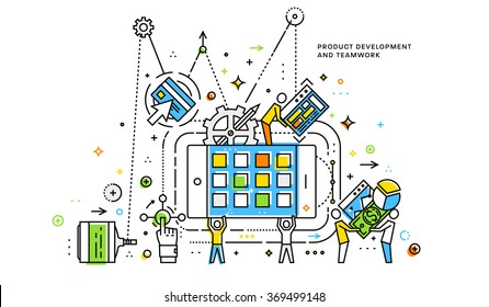 Flat Style, Thin Line Art Design. Set of application development, web site coding, information and mobile technologies vector icons and elements. Modern concept vectors collection