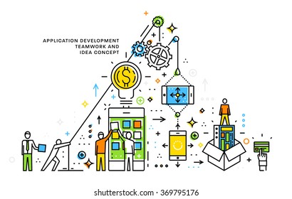 Flat Style, Thin Line Art Design. Set of application development, web site coding, information and mobile technologies vector icons and elements. Modern concept vectors collection