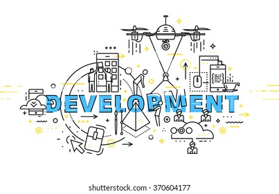 Flat Style, Thin Line Art Design. Set of application development, web site coding, information and mobile technologies vector icons and elements. Modern concept vectors collection. Development Concept