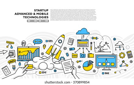 Flat Style, Thin Line Art Design. Set of application development, web site coding, information and mobile technologies vector icons and elements. Modern concept vectors collection